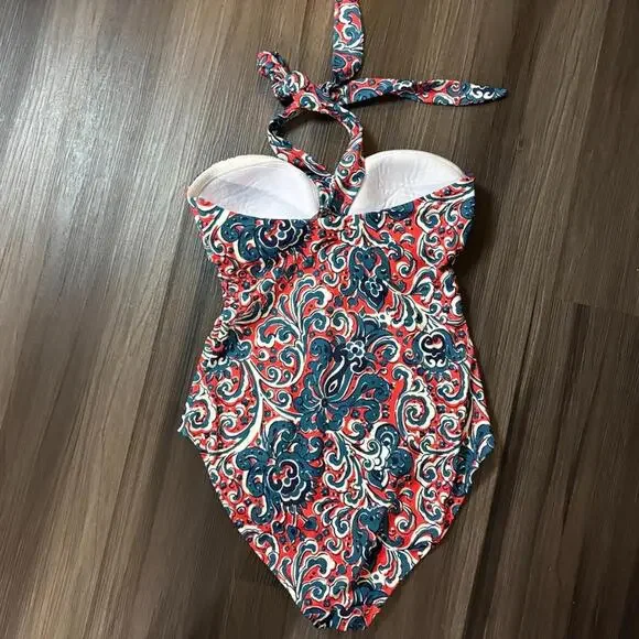 Boden Red Scarf Bandeau One Piece Swimsuit Women's Size 6 Halter Top - Picture 6 of 9